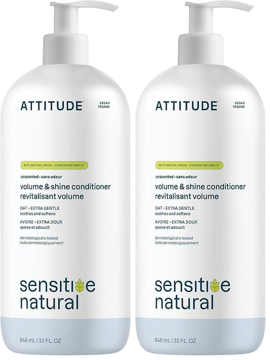 ATTITUDE Hair Conditioner for Sensitive Dry Scalp,Soothing Oat,Naturally Derived Ingredients,Dermatologically Tested,Vegan Detangler,Extra Gentle,Unscented,32 Fl Oz,(Pack of 2)
