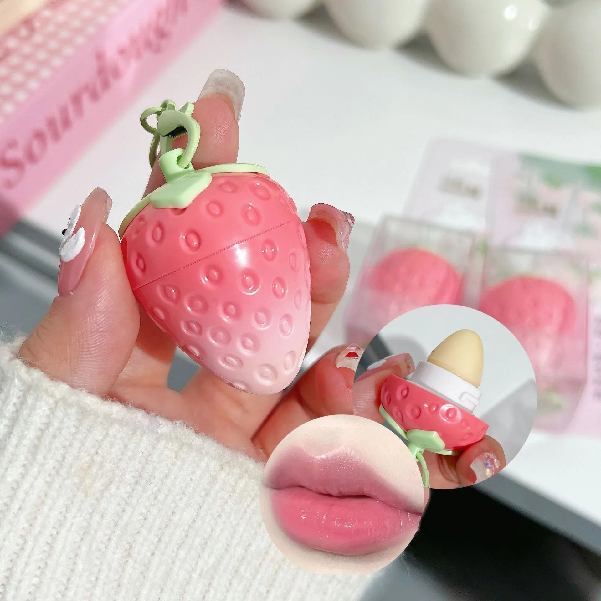 1Pc Strawberry Keychain Warming Lip Balm Long Lasting Natural Pink Lipstick Tint Color Changing Lipstick Fruity Lips Care Makeup