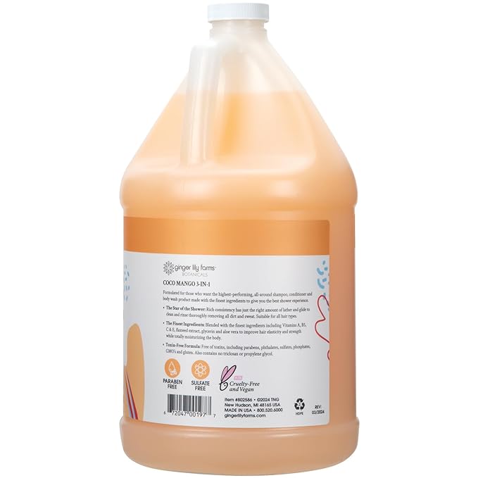 Ginger Lily Farms Botanicals 3-in-1 Shampoo, Conditioner & Body Wash, Coco Mango, 100% Vegan & Cruelty-Free, Coconut Mango Scent, 1 Gallon (Pack of 4)