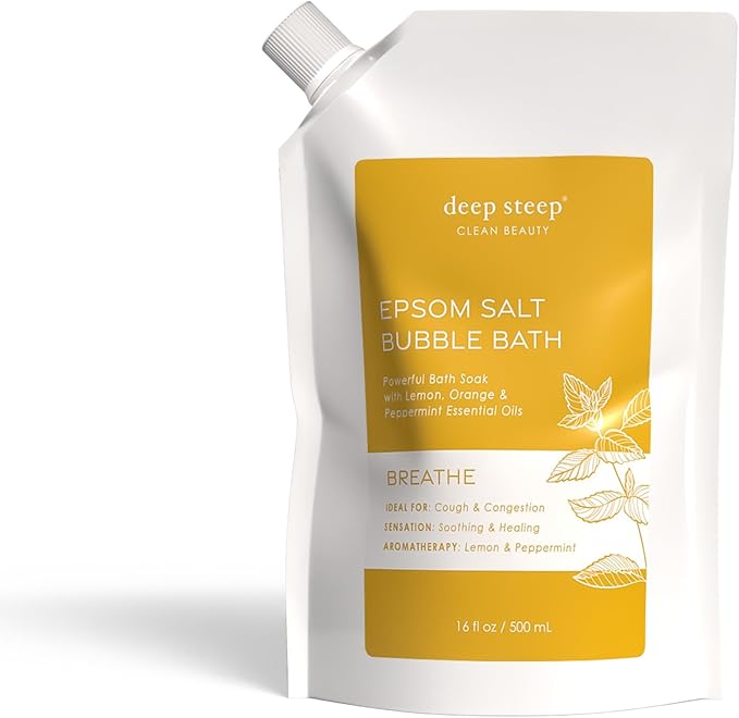Deep Steep Epsom Salt Bubble Bath, Breathe, 16 oz – Spa Soak with Epsom Salt, Peppermint, Lemon & Essential Oils – Vegan, Clean Beauty, Muscle Relief & Sinus Support