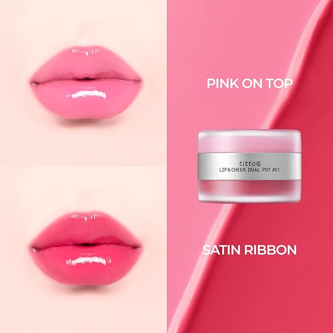 titto Lip & Cheek Dual Pot Blendable & Buildable | Multi-Use Tinted Balm & Blush for Cheeks, Rich Buttery Texture, Long-Lasting, Natural Dewy Finish, Vegan, K Beauty (#01 Satin Ribbon/Pink on Top)