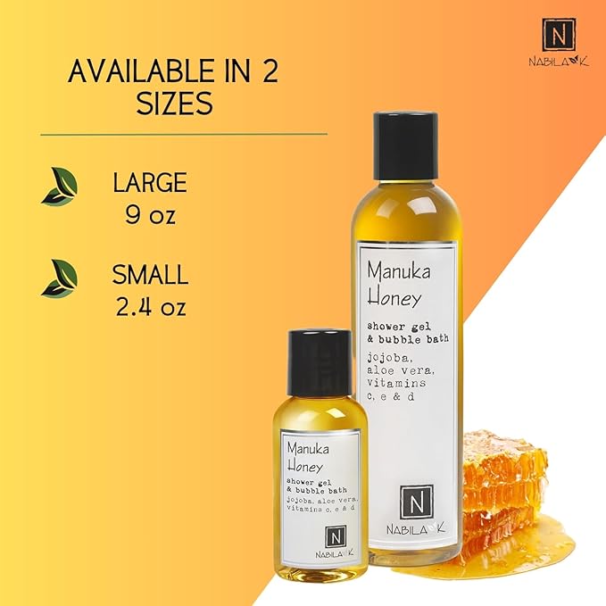 Nabila K Manuka Honey Shower Gel & Bubble Bath, 9 oz – Non-Drying Body Wash with Jojoba, Aloe Vera & Vitamins – Naturally-Derived, Sulfate-Free – Made in USA – For Men & Women