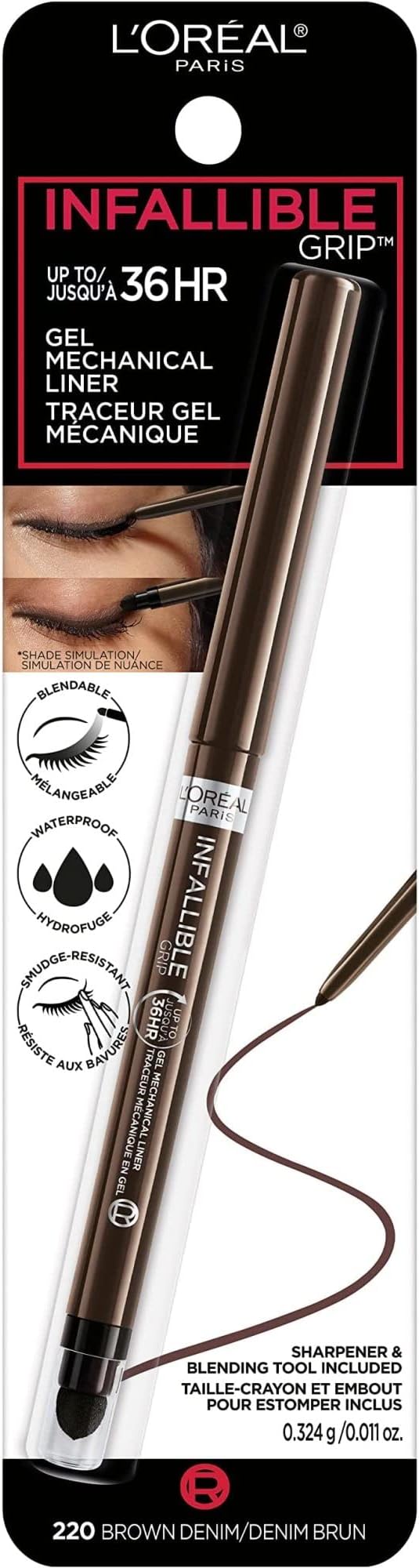 L'Oreal Paris Infallible Grip Mechanical Gel Eyeliner Pencil, Smudge-Resistant, Waterproof Eye Makeup with Up to 36HR Wear, Brown Denim, 0.01 Oz