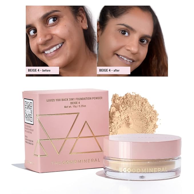 The Good Mineral Loves-You-Back 3in1 Mineral Powder Foundation (BEIGE 4) | Designed for acne-prone, sensitive skin | Smooths skin and covers dark circles with Natural Coverage | Vegan + Cruelty Free
