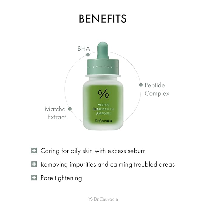Dr.Ceuracle Vegan BHA & Matcha Ampoule - Gentle Exfoliating Facial Serum, Salicylic Acid for Pores and Sebum Treatment, Korean Skincare for Stocking Stuffers (30ml / 1.01 fl. oz.)