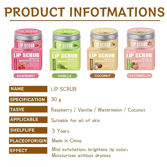 4-Color Fruit-Flavored Lip Scrub for Dry, Cracked & Dark Lips – Exfoliating & Moisturizing Lip Care with Organic Ingredients, Lip Brush – Vegan, Cruelty-Free (20g) (Watermelon flavor, 1PC)