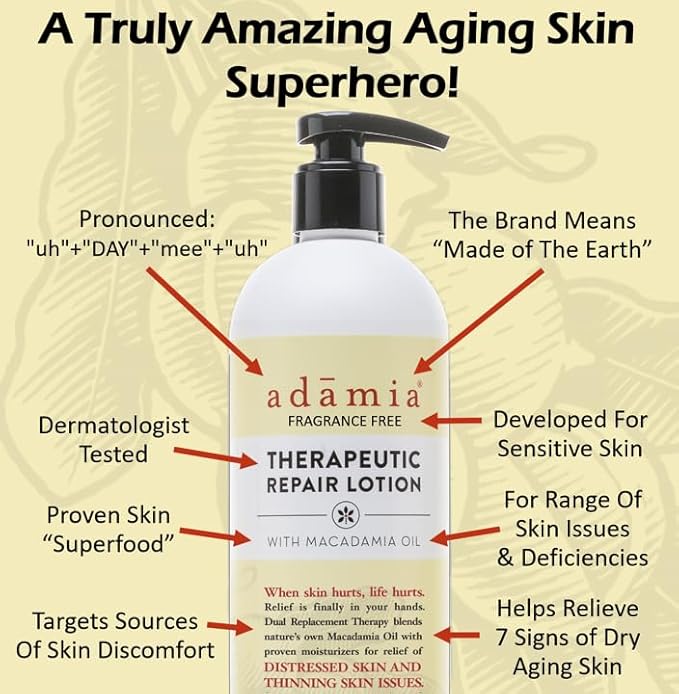 Adamia Therapeutic Repair Lotion with Macadamia Nut Oil and Promega-7, Fragrance Free, Paraben Free, Non GMO, 16 Fl Oz (355337-BC00395319)