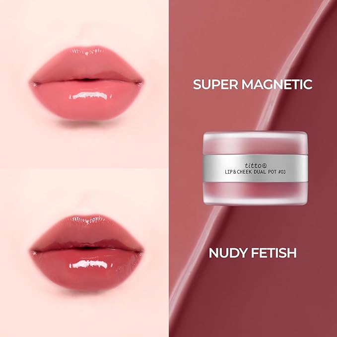 titto Lip & Cheek Dual Pot Blendable & Buildable | Multi-Use Tinted Balm & Blush for Cheeks, Rich Buttery Texture, Long-Lasting, Natural Dewy Finish, Vegan, K Beauty (#03 Super Magnetic/Nudy Fetish)