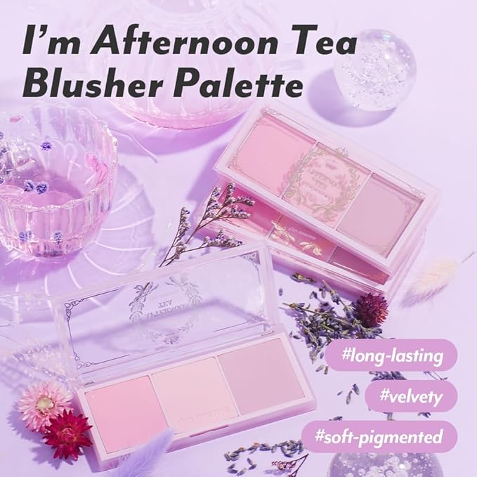 I'M MEME Blusher Palette - Afternoon Tea_Fruit FLavor | Soft Pink, Peach, Lavender, 3 Shades Palette, Matte Powder, Face & Cheeks, For All Skin Tones, Powdery Finish, Lightweight Formula, 0.4 Oz