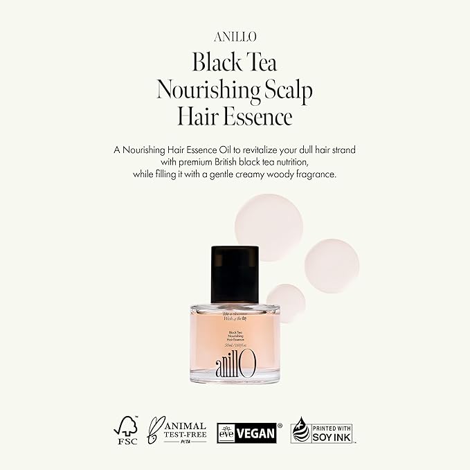 ANILLO Black Tea Nourishing Hair Essence with Green Tea Oil, Protein & Biotin for Nourishment and Shine - Creamy Woody Scent, Vegan, Paraben-Free 50ml / 1.69 fl. Oz
