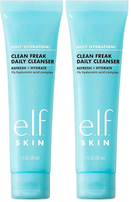 e.l.f. SKIN Holy Hydration! Clean Freak Daily Cleanser Mini, Gentle Hydrating Face Cleanser, Made With Hyaluronic Acid, Vegan & Cruelty-Free, 1 fl oz (Pack of 2)