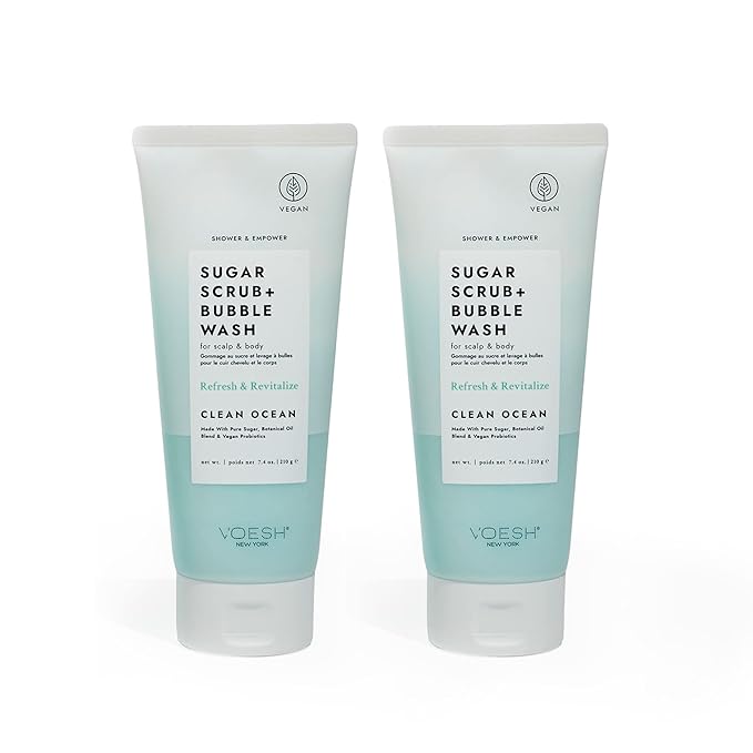 VOESH Sugar Scrub + Bubble Wash, Exfoliating Body Wash, Clean Ocean 2 Pack, Scalp Exfoliator, Scalp Care, Vegan Skin Care