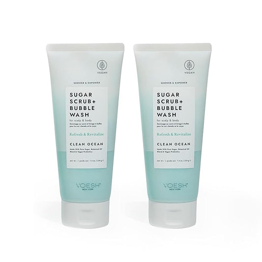 VOESH Sugar Scrub + Bubble Wash, Exfoliating Body Wash, Clean Ocean 2 Pack, Scalp Exfoliator, Scalp Care, Vegan Skin Care