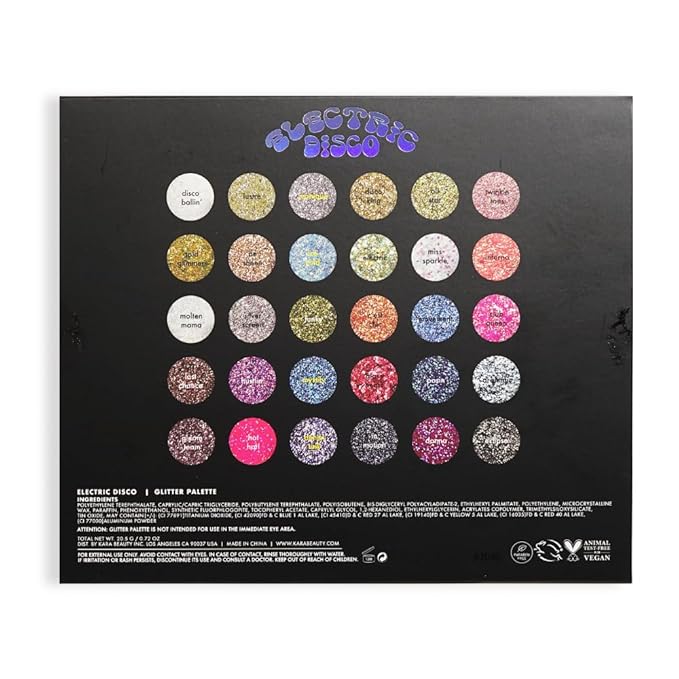 KARA BEAUTY ELECTRIC DISCO Glitter Eyeshadow Palette – 30 Color Pressed Glitter Makeup Palette for Face, Body & Eyes No Glue Needed Chunky & Fine Glitter for Rave, Festival Makeup Mermaid Vibes & More