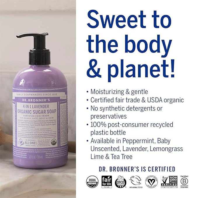 Dr. Bronner's - Organic Sugar Soap (Lavender, 12 Ounce) - Made with Organic Oils, Sugar and Shikakai Powder, 4-in-1 Uses: Hands, Body, Face and Hair, Cleanses, Moisturizes and Nourishes, Vegan