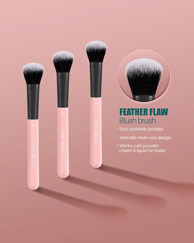 FeatherFlaw Blush Brush 020, Tapered Cheek Brush, Synthetic Vegan Bristles, Pink Wood Handle, For Blush and Highlighter Application, Pressed and Loose Powders | RUBY VIBE CO