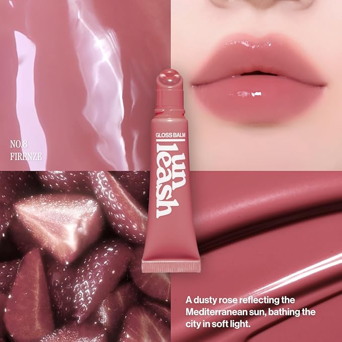 UNLEASHIA Sunset Dazzle Gloss Balm | Hydrating Tinted Gloss Balm, Lasting Relief, Vegan, Moisturizing Plumpy Formula with Peptides and Vitamins (No.8 Firenze)