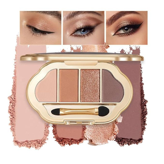 Nude Eyeshadow Palette 4 Colors, earth caramel Matte & Shimmer Neutral Shades, Highly Pigmented Blendable Long-Lasting Powder, Smooth No-Fallout Daily Eye Makeup Palette and Natural Look-B02#