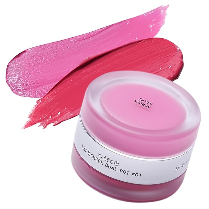 titto Lip & Cheek Dual Pot Blendable & Buildable | Multi-Use Tinted Balm & Blush for Cheeks, Rich Buttery Texture, Long-Lasting, Natural Dewy Finish, Vegan, K Beauty (#01 Satin Ribbon/Pink on Top)