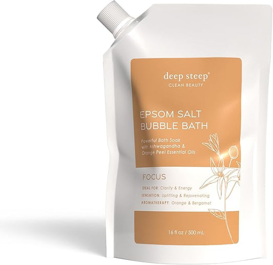 Deep Steep Epsom Salt Bubble Bath, Focus, 16 oz – Spa Soak with Epsom Salt, Ashwagandha, Orange Peel & Essential Oils – Vegan, Clean Beauty, Muscle Relief & Mental Clarity