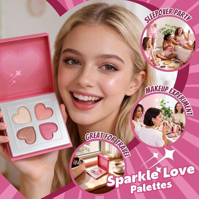 Color Nymph SPARKLE LOVE Palettes - Face & Cheek Makeup Palette丨Blush, Bronzer & Highlighter Make Up for Teens Girls Tweens with Gentle & Silky-smooth Formula, Vegan & Talc-free (Pink)