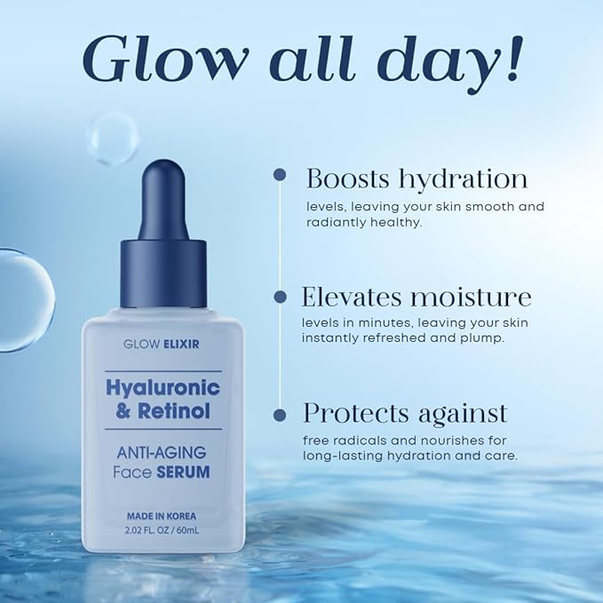 Glow Elixir Retinol Serum for Face with Hyaluronic Acid – Hydrating Anti-Aging Face Serum for Wrinkles Fine Lines & Uneven Skin Tone – Dermatologist Tested Korean Skin Care – Clean Beauty – 2.02 Fl Oz