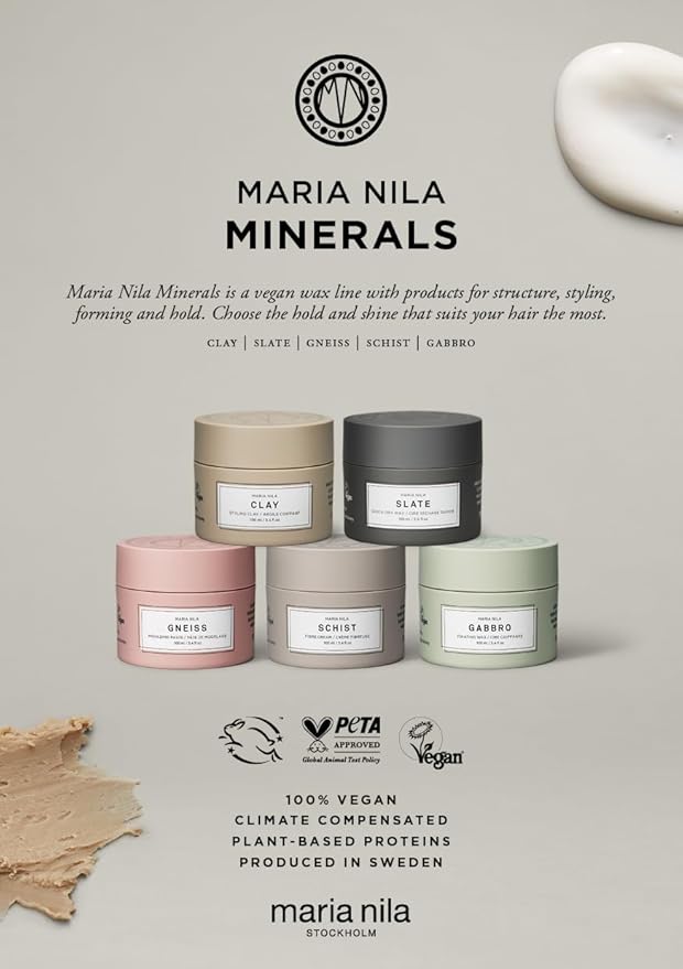 Maria Nila Minerals Clay, 3.4 Fl Oz / 100 ml, Hold 3/5, For all Hairstyles, Defining Wax Gives Matte Texture, 100% Vegan & Sulfate/Paraben free