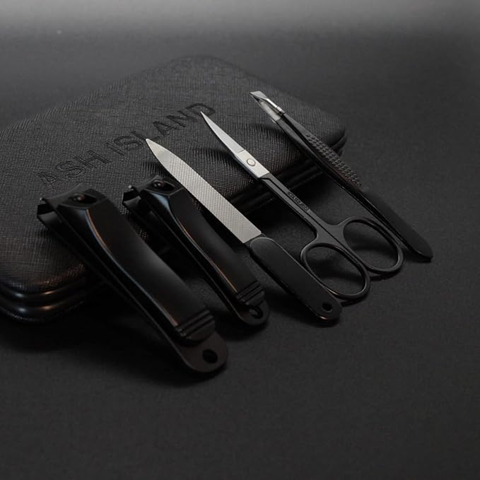 ASH ISLAND Nail Clippers Set - Black Stainless 12 in 1 For Men And Women Manicure Pedicure Travel Kit Luxury Nail File Sharp Nail Scissors Fingernails Toenails with Portable Stylish Case