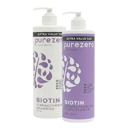 Purezero Biotin Shampoo & Conditioner Set - Anti Thinning Formula - Volumizing, Thicker, Fuller Hair - Zero Sulfates, Parabens, Dyes, Gluten - 100% Vegan & Cruelty Free (20 Fl Oz (Pack of 2))