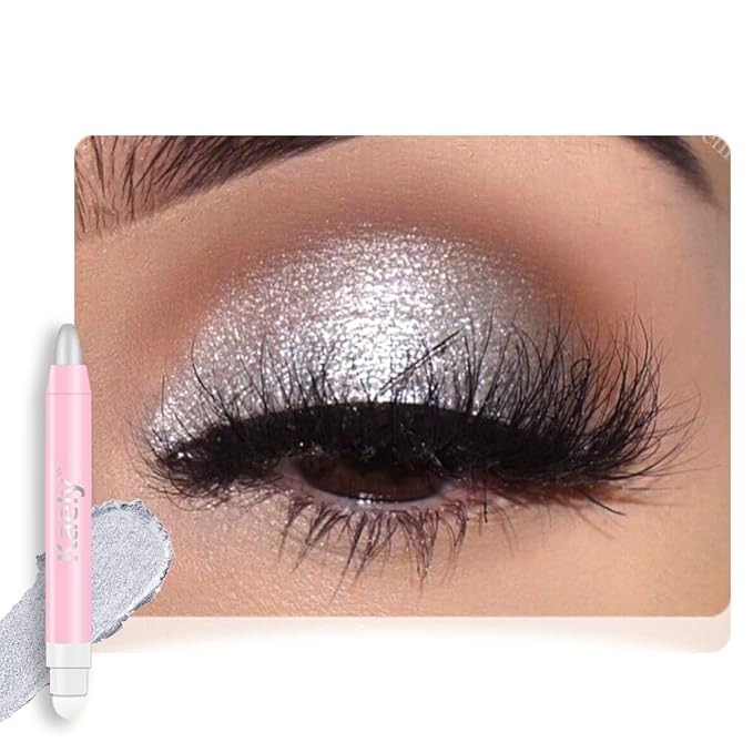 2in1 Shimmer Cream Eye Shadow Stick - Silver, Eyeliner Pencil Eyeshadow Palette Makeup, Waterproof Long Lasting Brightener, Crease Proof & Smudge Resistant, Cream Eyeshadow with Built-in Smudger