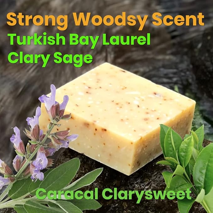 CARACAL Clarysweet Vegan Herbal Natural Soap Bar for Men Women, Strong Woodsy Bay Laurel, Clary Sage, Nettle, Olive, Castor Oils & Shea Butter