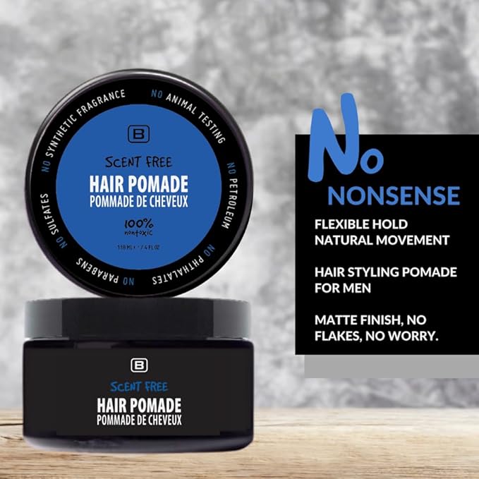 Scent Free Medium Hold Vegan Pomade for Men - EWG VERIFIED, Water Based All Natural Flake Free for All Day Hold and Hairstyles