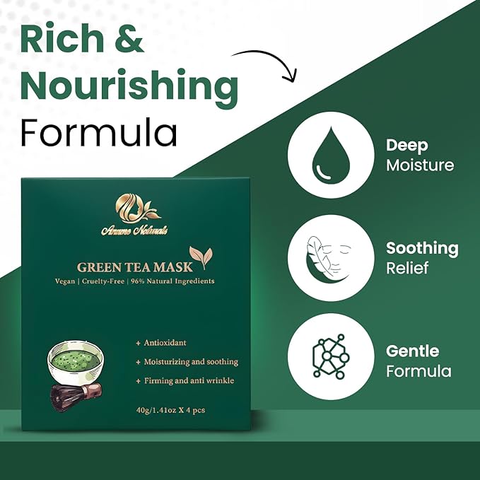 Green Tea Face Mask – Vegan Facial Mask with Green Tea Extract, Glycerin & Hyaluronic Acid, Moisturizing Face Mask for Skin Care, Cruelty-Free | 4-Count (40g Each)