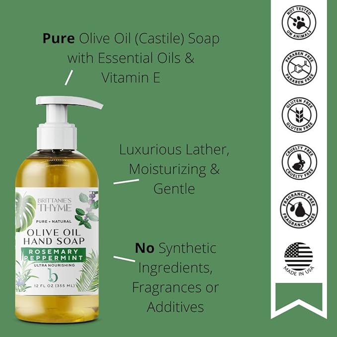 Brittanie’s Pure Castile Liquid Soap Refill, Rosemary/Lavender/Frankincense, 12 Ounce Pack of 3 | Dish Soap, Hair & Body, Home, Gentle and Pure, Made with Natural Luxurious Oils, Vegan & Gluten Free
