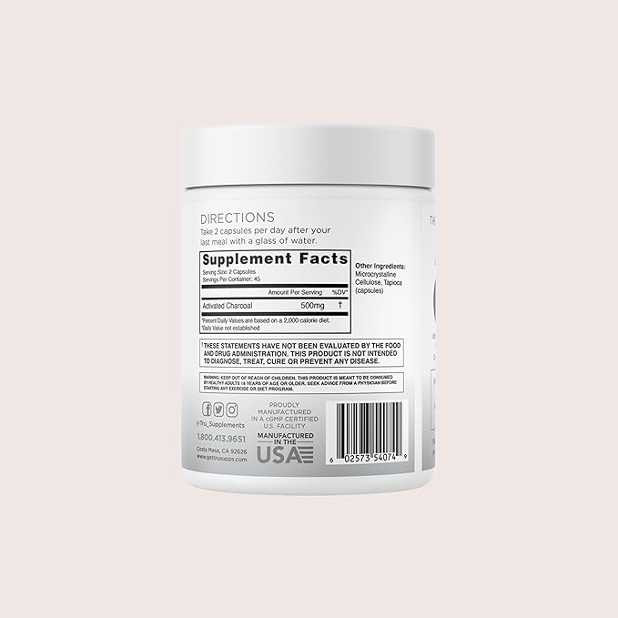 TRU Supplements Detox Cleanse Capsules with Activated Charcoal, Whole Body Cleanse for Bloating Relief & Clear Skin, Vegan-Friendly Natural Detox Support, 60 Servings
