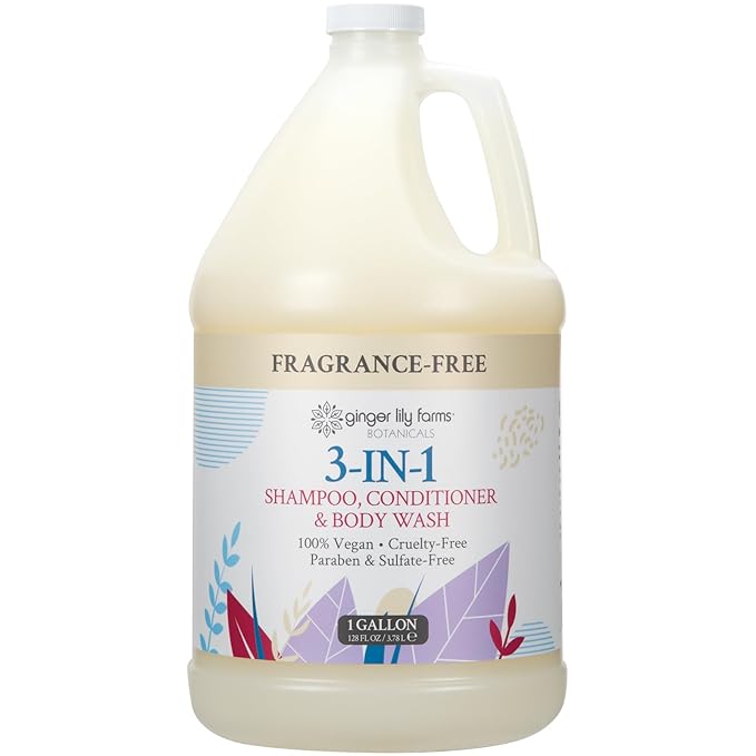 Ginger Lily Farms Botanicals 3-in-1 Shampoo, Conditioner & Body Wash, 100% Vegan & Cruelty-Free, Fragrance Free, 1 Gallon (Pack of 4)