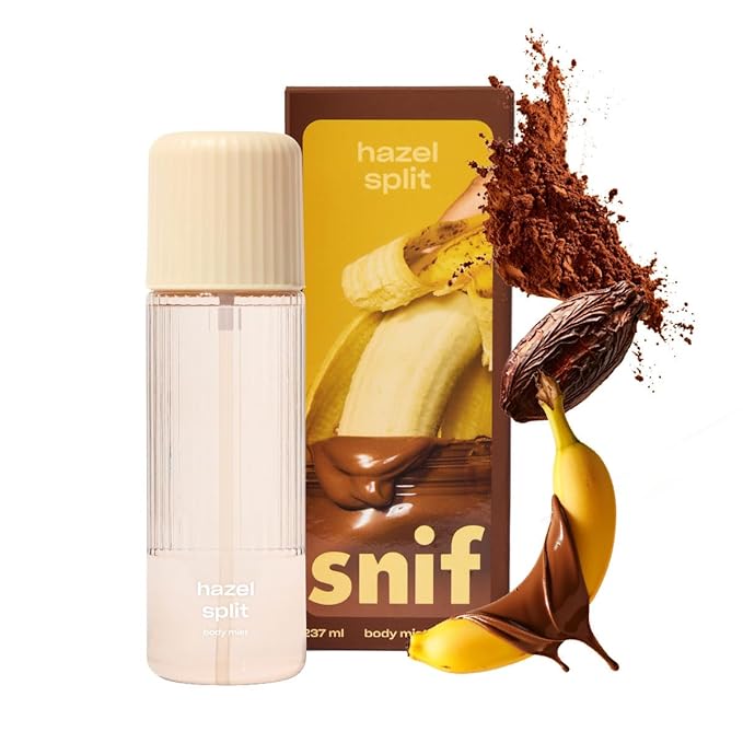 Snif Hazel Split Body Mist 8oz, Gourmand Chocolate Hazelnut Fragrance Mist for Body & Hair, Cocoa, Banana & Coconut, Clean, Vegan, Cruelty Free
