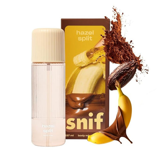 Snif Hazel Split Body Mist 8oz, Gourmand Chocolate Hazelnut Fragrance Mist for Body & Hair, Cocoa, Banana & Coconut, Clean, Vegan, Cruelty Free