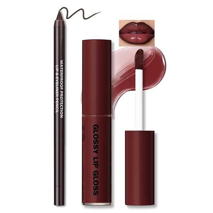 Nourishing Lip Gloss with Brown Lip Liner Combo Set, Moisturizing High Shine Lip Glow Oil Fresh Lightweight Lip Care, Glossy Plumper Lip Gloss for Women, Long Wear Liquid Lipstick Makeup Kit#3