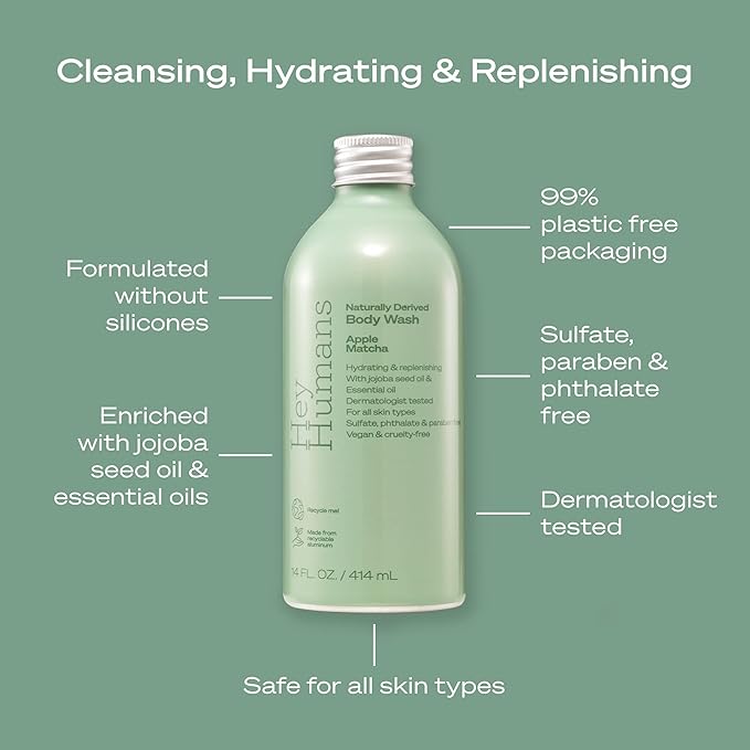HEY HUMANS Apple Matcha Moisturizing Body Wash with Natural Ingredients & Jojoba Oil | Clean, Vegan, Sulfate Free Bath & Body Wash for Women & Men | Recyclable Bottle, 14 fl. oz. - Pack of 3