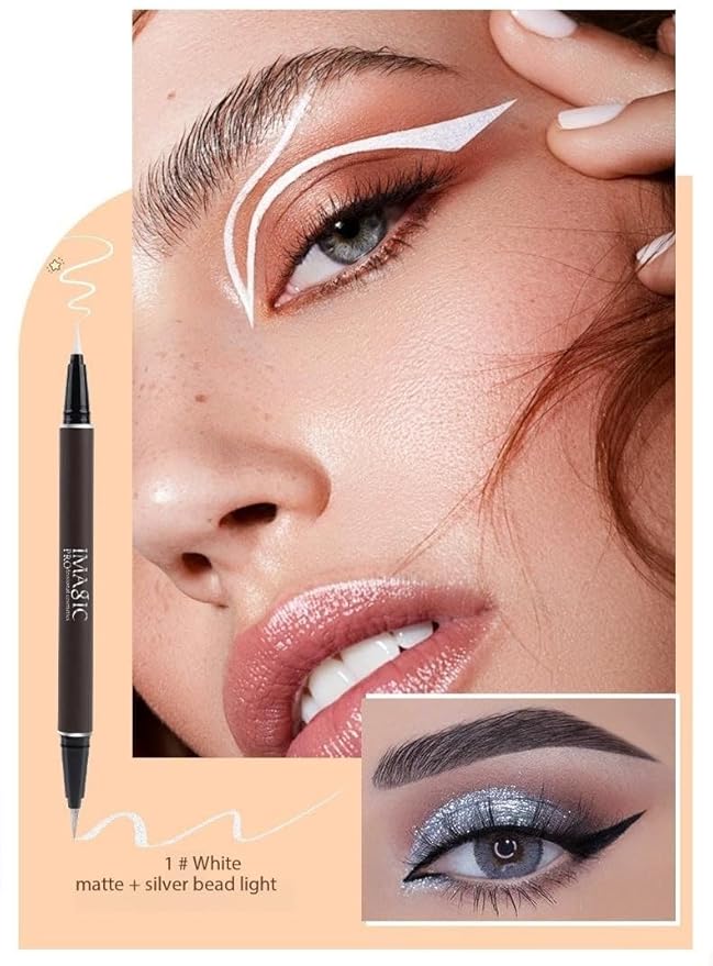Double Head Eyeliner Pen, Waterproof Liquid Eyeliner, Long-Lasting, High-Pigmented Liner, Vegan & Cruelty-Free, White & Silver