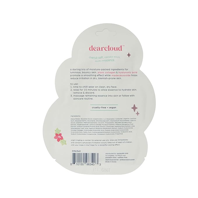dearcloud Dear Dewy Skin Deep Moisturizing Dew Essence Face Mask, Korean Sheet Mask - Vegan Collagen, Hyaluronic Acid & Madecassoside (3 Count)