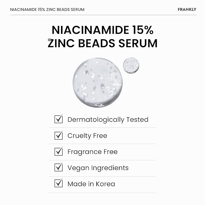FRANKLY Niacinamide 15% + Zinc Bead Serum | High Dose Yet Gentle Skin Repair | Acne, Pore & Redness Control | Bead-to-Skin Delivery System for Fresh Niacinamide | Vegan Korean Skincare | 1.01 fl.oz