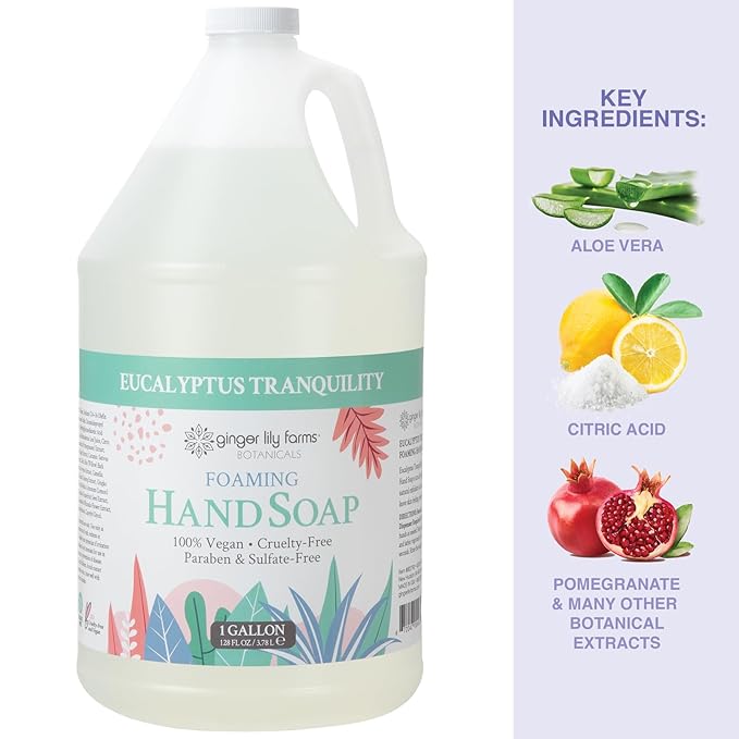 Ginger Lily Farms Botanicals All-Purpose Foaming Hand Soap Refill, 100% Vegan & Cruelty-Free, Eucalyptus Tranquility Scent, 1 Gallon (Pack of 4)