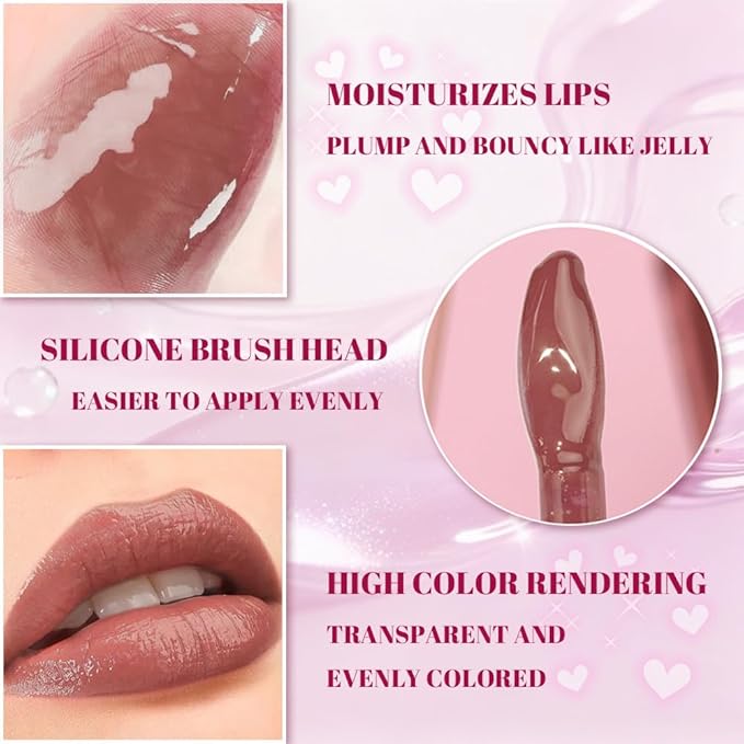 Jelly Lip Gloss, Soft Lip Tint, Instantly creates a Sheer Glass-like Shine, Cool Blue Red Rose Mocha Bean Chocolate Brown Colors, Smoothing, Moisturizing, Plump and Hydrated (B04)