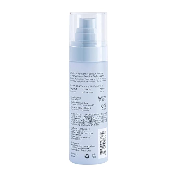 Skylar Coconut Cove Hair & Body Mist | Hypoallergenic & Clean Fragrance | Vegan, Cruelty Free, and Safe For Sensitive Skin | 80 ML, 2.7 Fl Oz