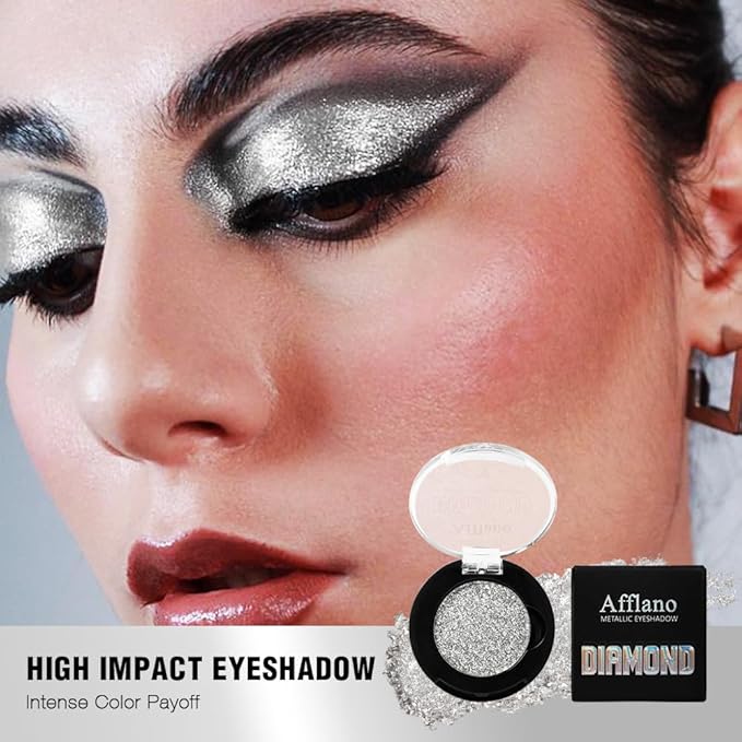 Silver Glitter Eyeshadow, High Pigmented Diamond Sparkly Eyeshadow Silver Eye Makeup, High Shine Long Lasting Waterproof Metallic Pearly Pressed Powder Eye Shadow Highlight for Face & Body, Vegan, #1H