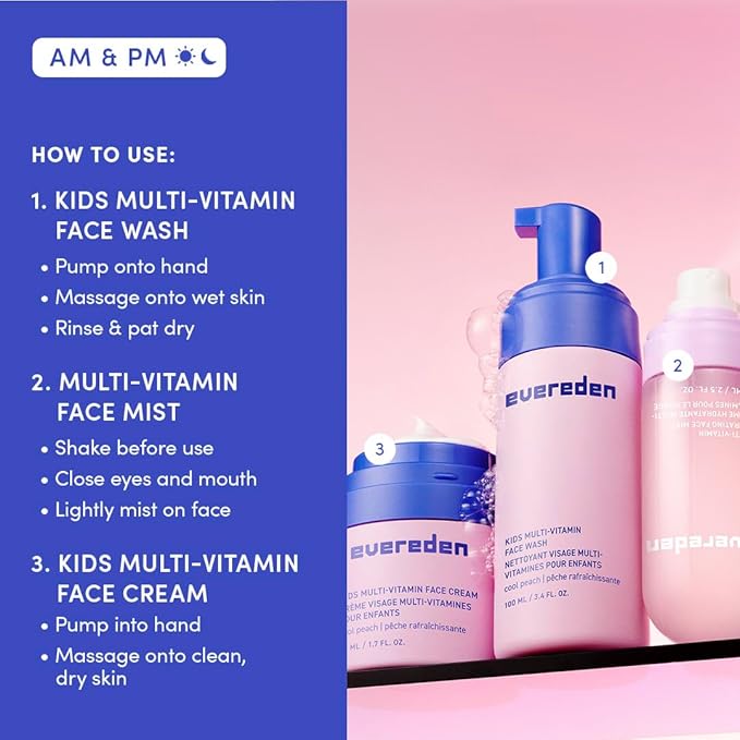 Evereden Kids Multi-Vitamin Hydrating Face Mist, Face Wash, & Kids Face Cream Set: Clean, Vegan, and Multivitamin-Rich Kids Skin Care Set for 6 & up - Moisturize & Refresh