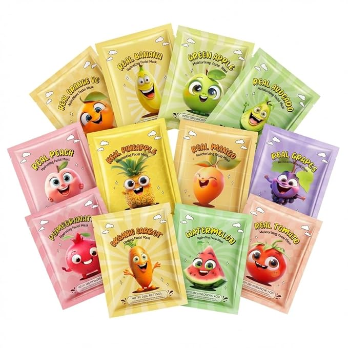 Fruit Face Masks, 12 Pack Face Masks Spa Set – Natural & Organic Hydrating Sheet Masks with Vitamin C, E for Brightening, Vegan Skincare Gift for Women/Men, Spa Day at Home