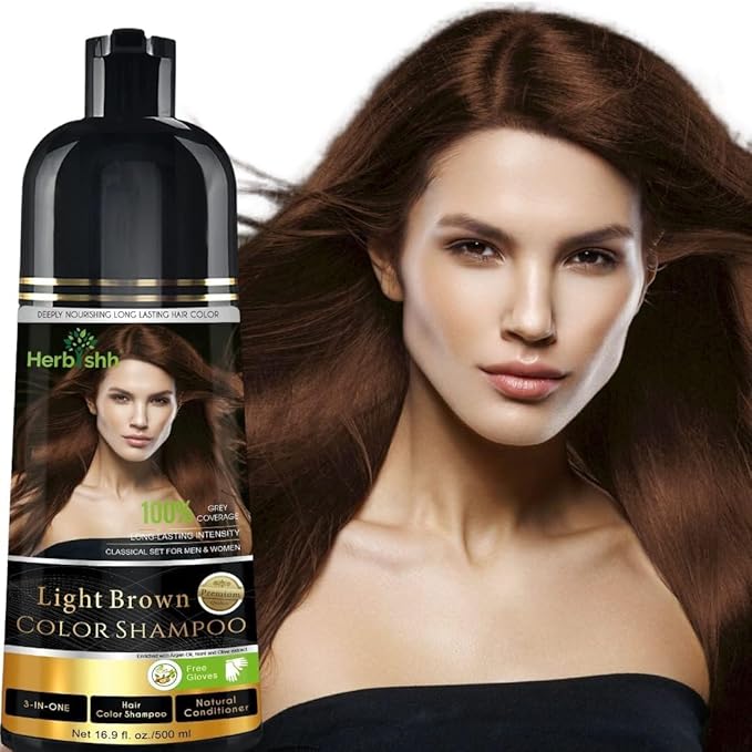 Herbishh Color Shampoo for Gray Hair Coverage (Light Brown) –Hair Dye 3-in-1 Shampoo- Colors in Minutes – Lasts Up To 2-3 Weeks – 500 mL – Ideal for Men & Women